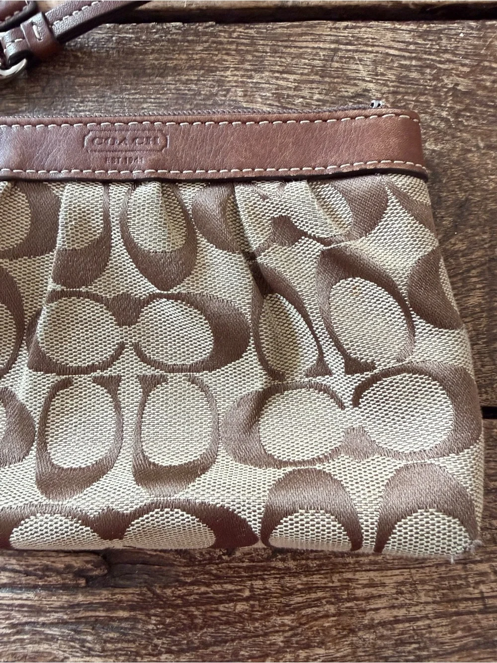 Coach Tan and Brown Signature Canvas Wristlet with Leather Trim